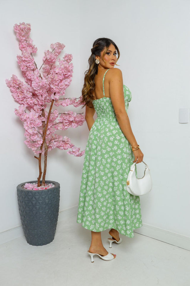 Vestido Feminino Midi Floral Green Blossom