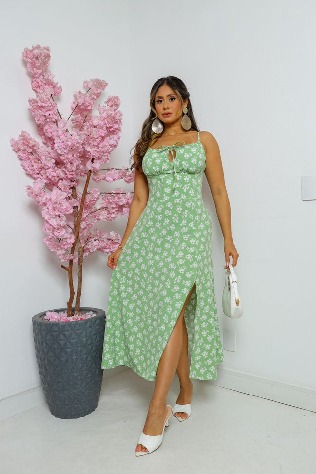Vestido Feminino Midi Floral Green Blossom